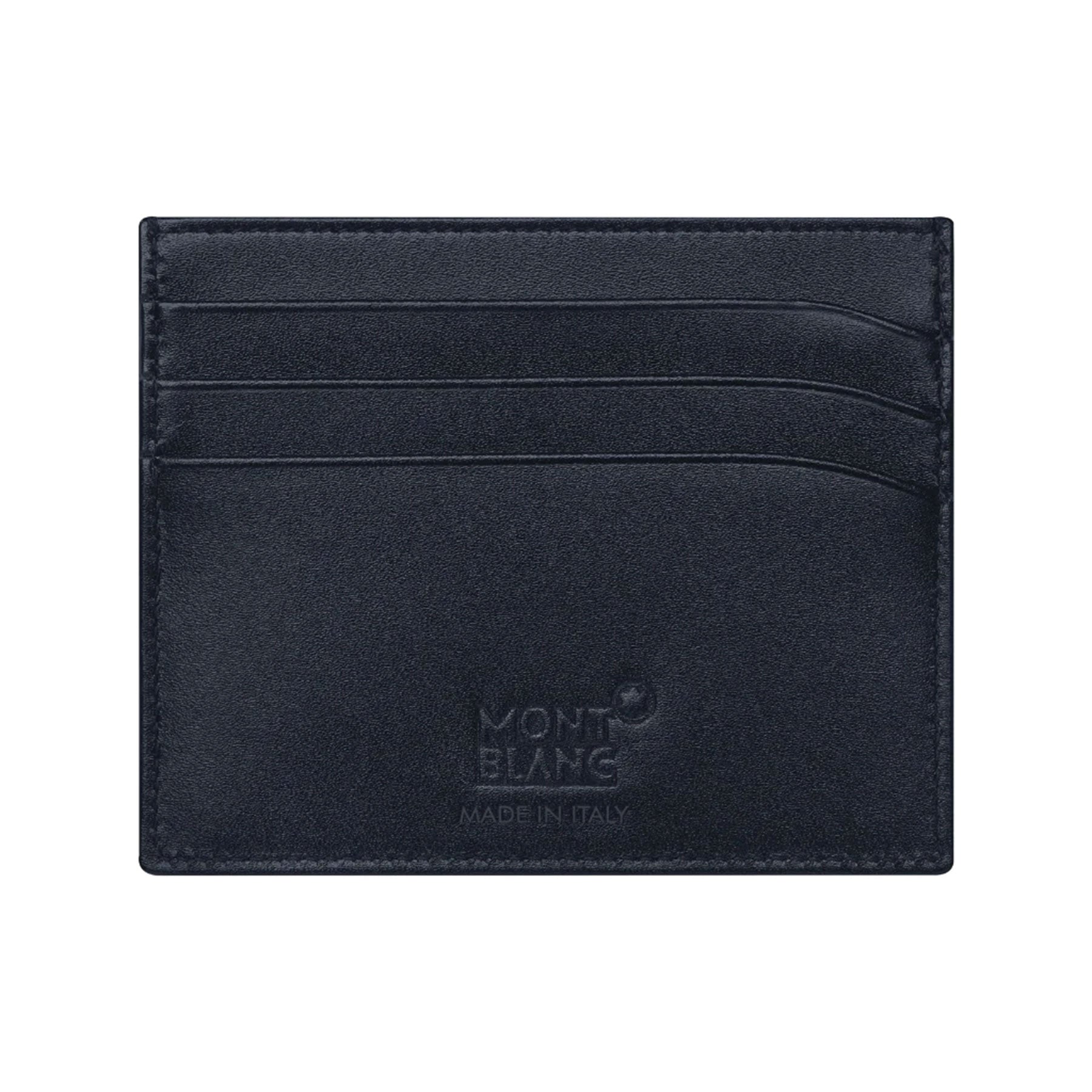 The Montblanc Meisterstuck Pocket 6cc Leather Card Holder is a black leather accessory with three credit card slots. The brand name, Montblanc, is elegantly embossed at the bottom along with "Made in Italy." This compact cardholder boasts a sleek and minimalist design, making it an ideal lightweight accessory for daily use.