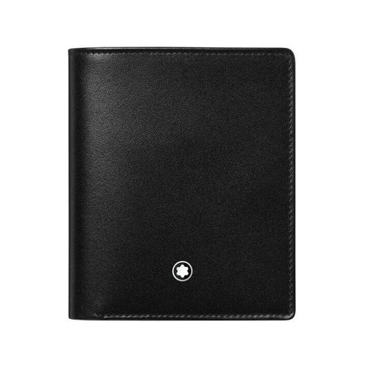 The Montblanc Meisterstück Black Leather Card Holder demonstrates its sleek and minimalist design with a smooth texture, highlighted by a small white star emblem centered at the bottom.