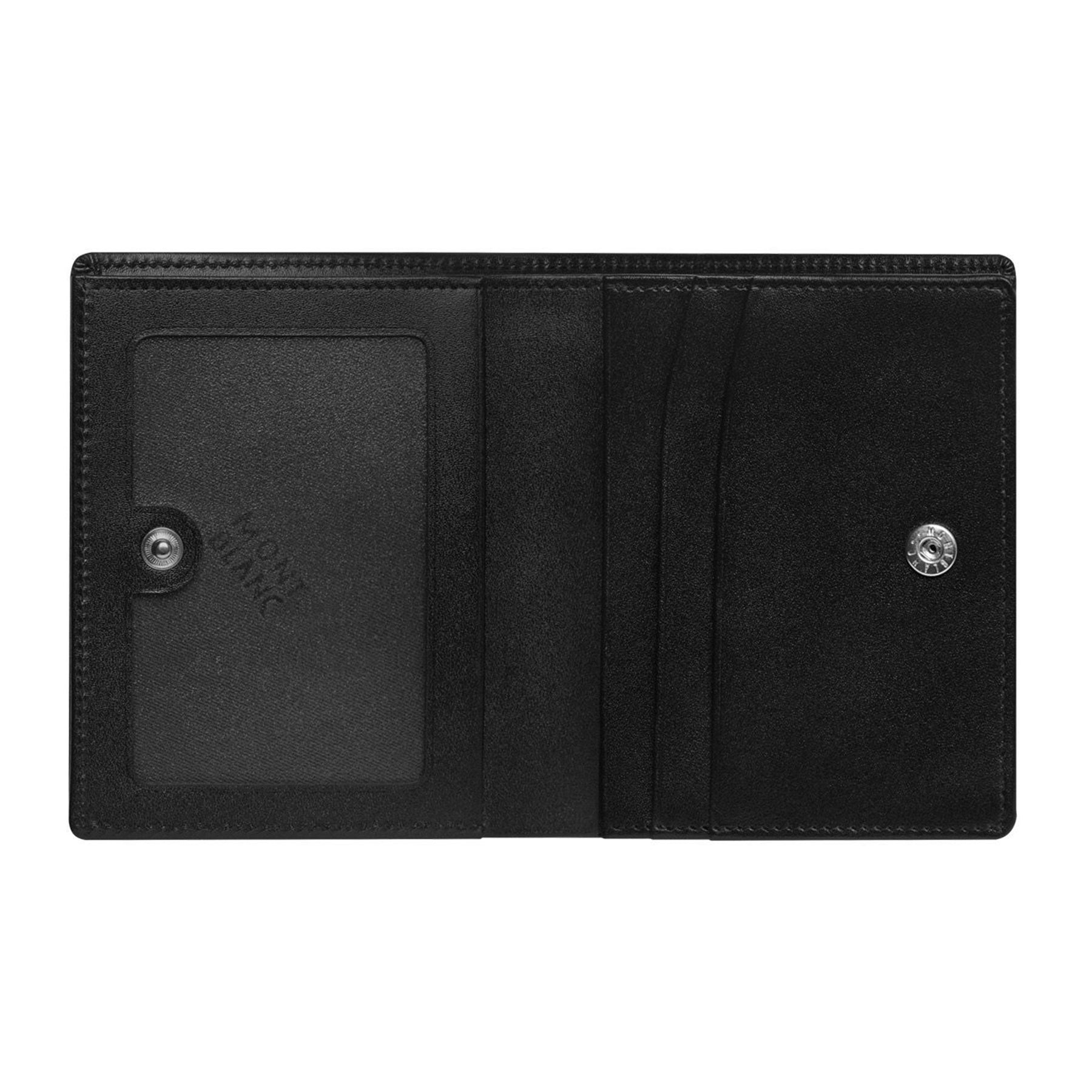 The Montblanc Meisterstück Black Leather Card Holder boasts a sophisticated open design, highlighting its interior and structure while merging style with functionality. This chic card holder is equipped with a snap button closure and a transparent ID card slot, complemented by multiple card slots neatly arranged on the right.