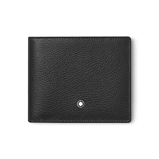 The Montblanc Meisterstuck Soft Grain Leather Wallet 6cc, crafted from luxurious black pebbled leather, stylishly organizes your credit cards. It is adorned with a small circular Montblanc logo featuring a distinctive white star at its center on the front. The wallet is showcased closed against a clean white background.