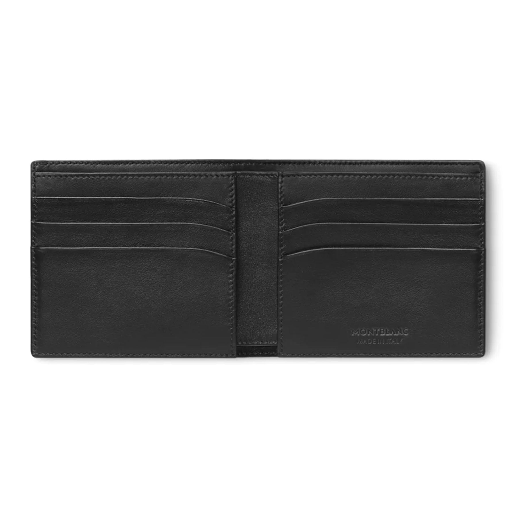 The Montblanc Meisterstück Soft Grain Leather Wallet 6cc, in a sleek open black leather bi-fold design, features multiple card slots on each side for optimal organization of credit cards. It is elegantly presented against a white background, with the Montblanc brand name subtly embossed on the bottom right inside.