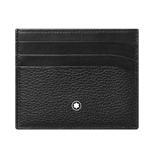Introducing the Montblanc Meisterstuck Soft Grain Leather Pocket 6cc Leather Card Holder by Montblanc—a stylish black leather card holder with a pebbled texture. It features four card slots and boasts a distinctive white star emblem centered at the bottom, making it the perfect accessory to carry your essential cards.