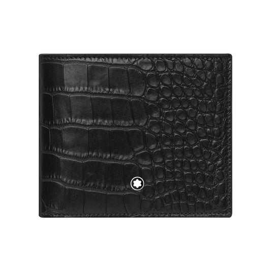 The Montblanc Meisterstück Black Leather Wallet showcases an embossed crocodile texture and is elegantly adorned with a sleek star logo on the bottom corner, adding a touch of sophistication.