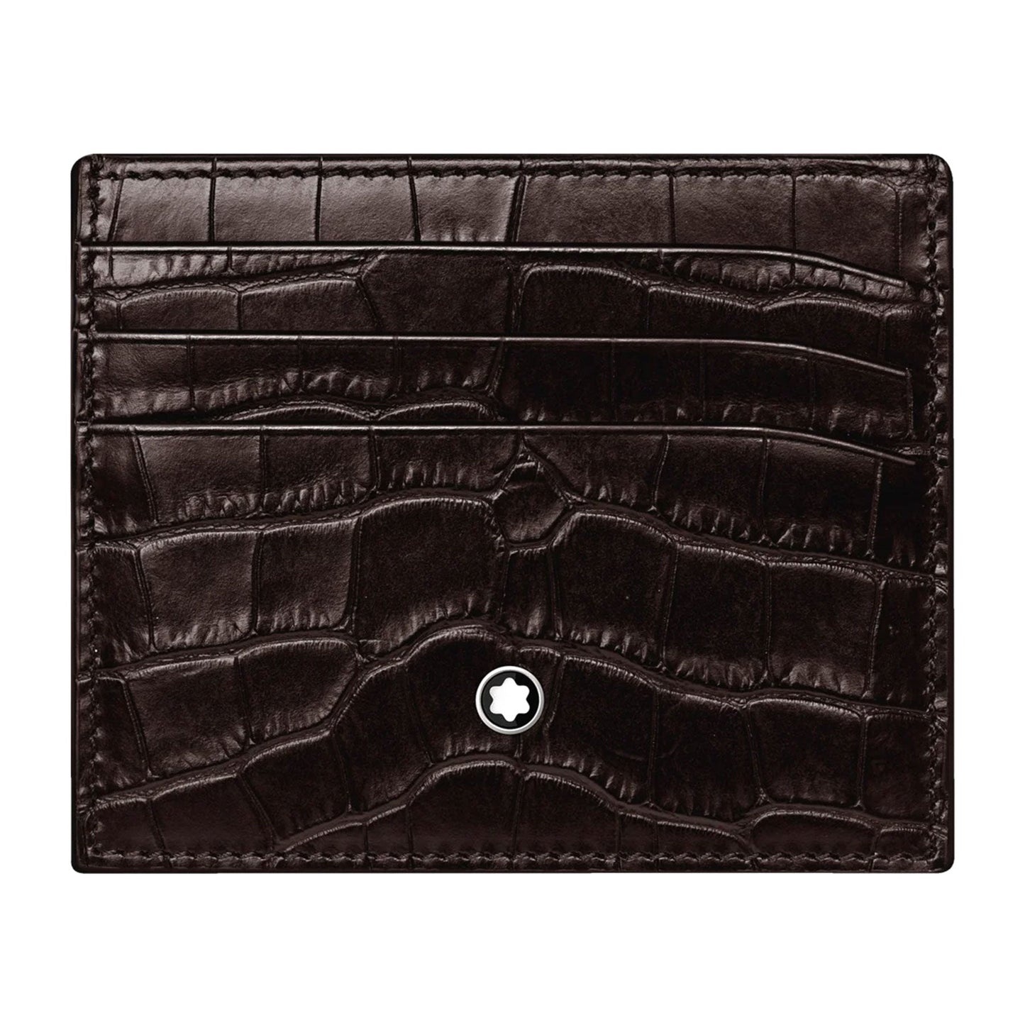 A brown leather card holder with an alligator texture, featuring a small white star emblem on the bottom center, from the Montblanc Meisterstück series that beautifully combines elegance and practicality.