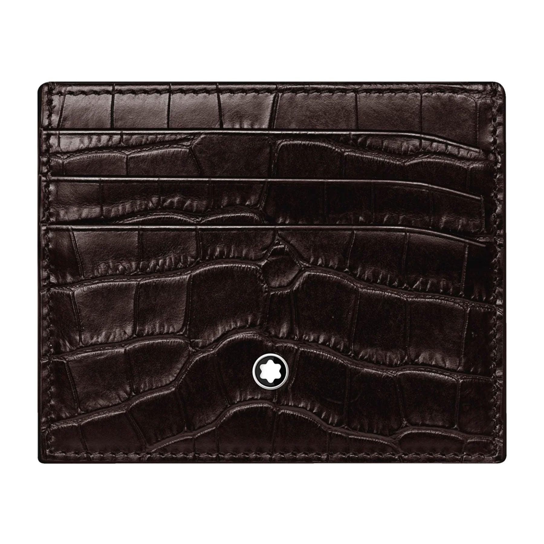 A brown leather card holder with an alligator texture, featuring a small white star emblem on the bottom center, from the Montblanc Meisterstück series that beautifully combines elegance and practicality.