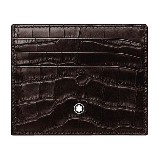 A brown leather card holder with an alligator texture, featuring a small white star emblem on the bottom center, from the Montblanc Meisterstück series that beautifully combines elegance and practicality.