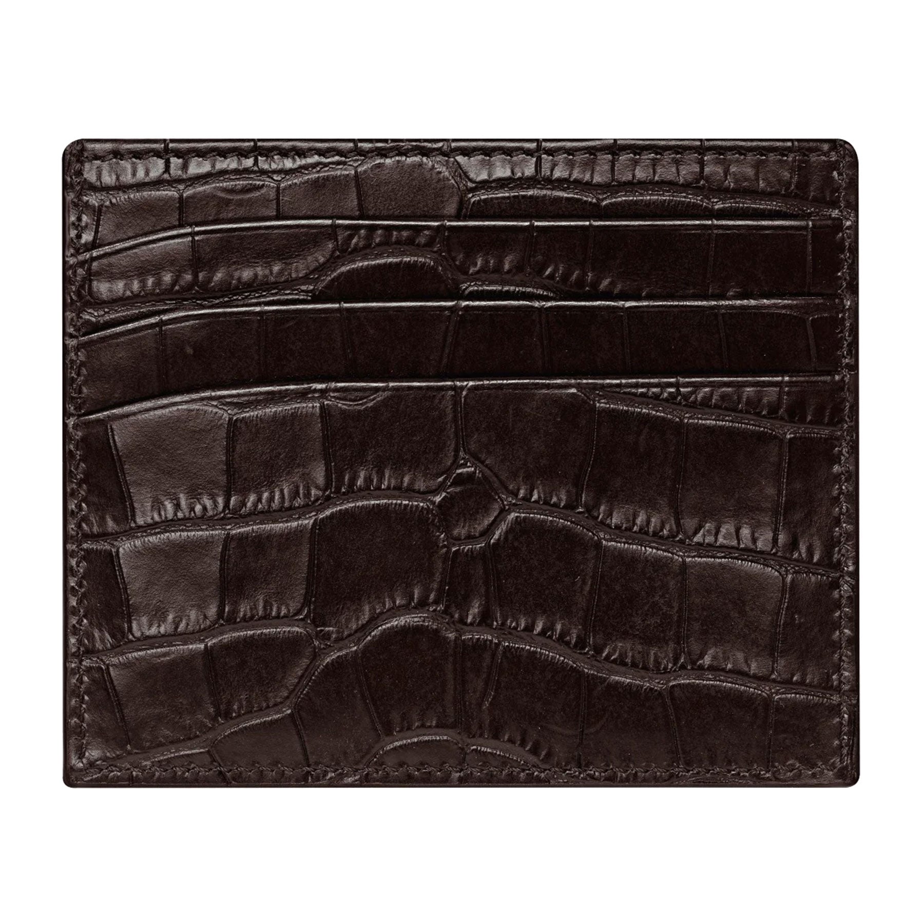 A sophisticated Montblanc Meisterstück card holder crafted from dark brown alligator print leather, offering efficient organization with six card slots on the front.