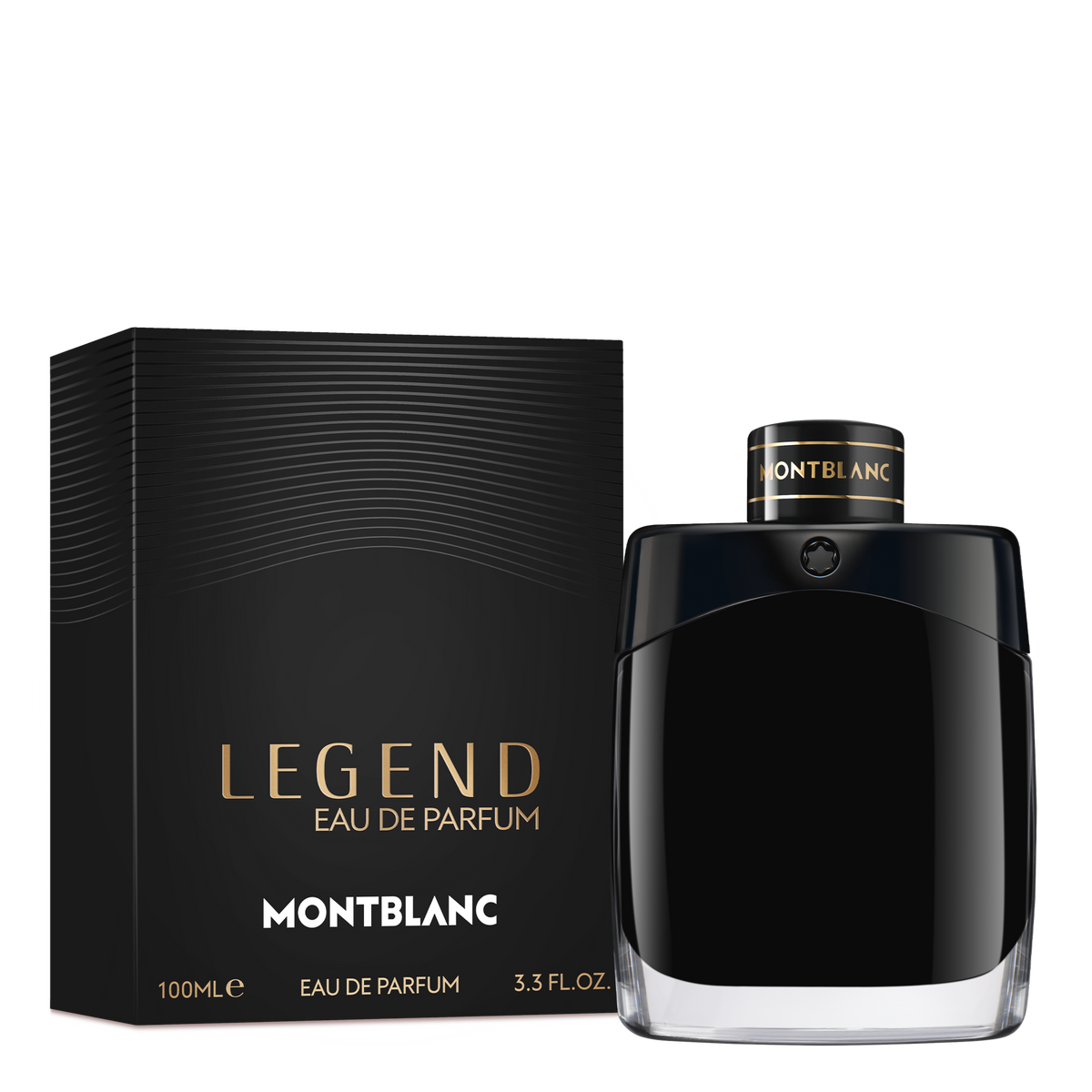 A black Montblanc Legend Eau de Parfum 100 ml bottle and its matching rectangular box featuring gold text.