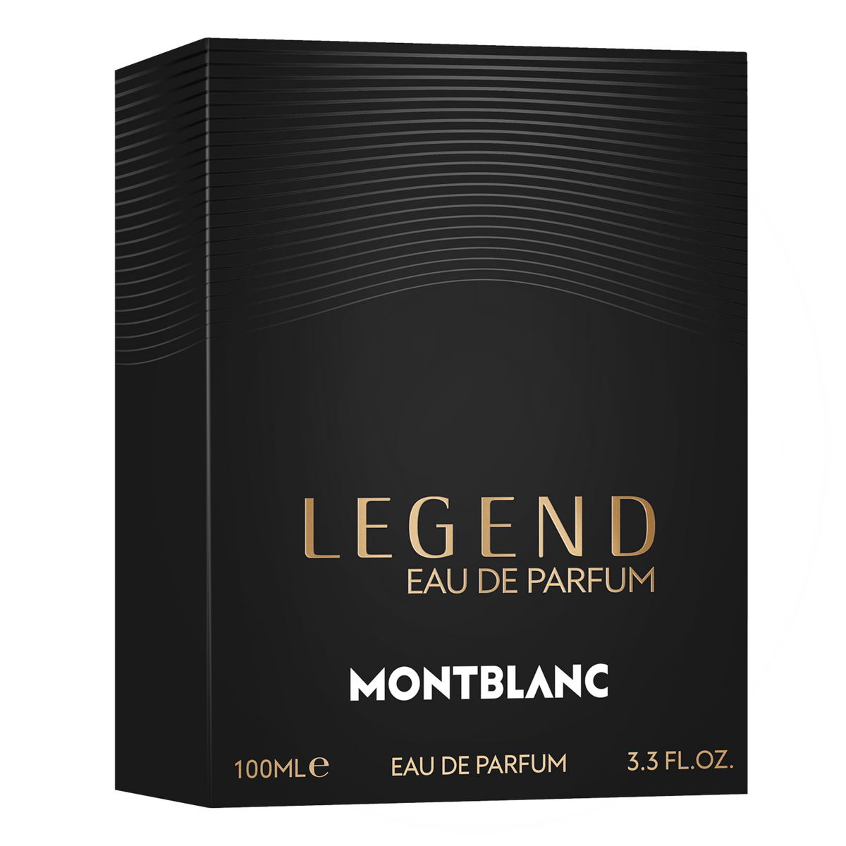 Black rectangular Montblanc Legend Eau de Parfum 100 ml box with gold text reading “Legend Eau de Parfum” and “100ml / 3.3 fl. oz.”