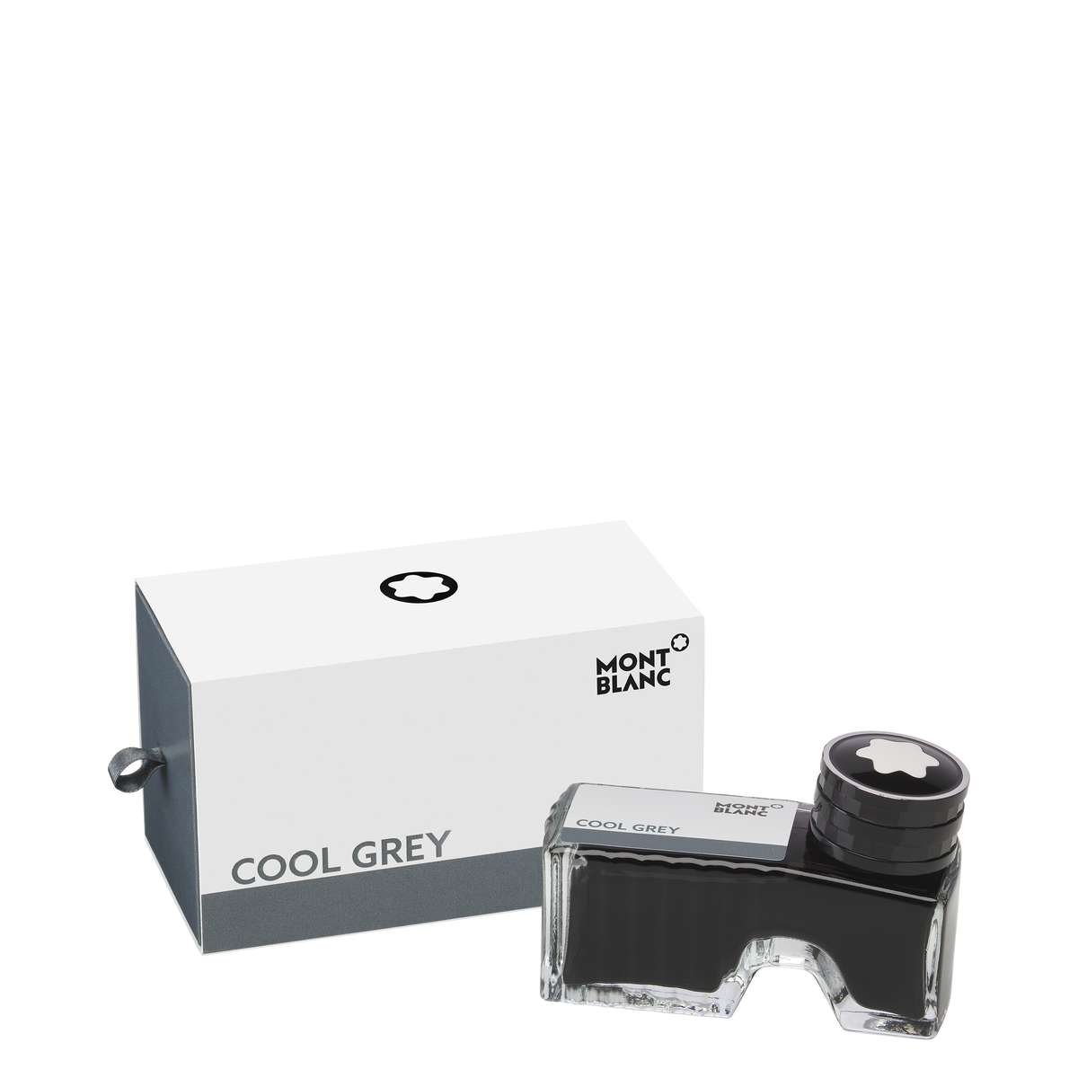 A Montblanc Ink Bottle 60ml Cool Grey and its box are displayed on a white background. The clear bottle with black cap sits next to the mostly white box, which has gray sides and “COOL GREY” text.