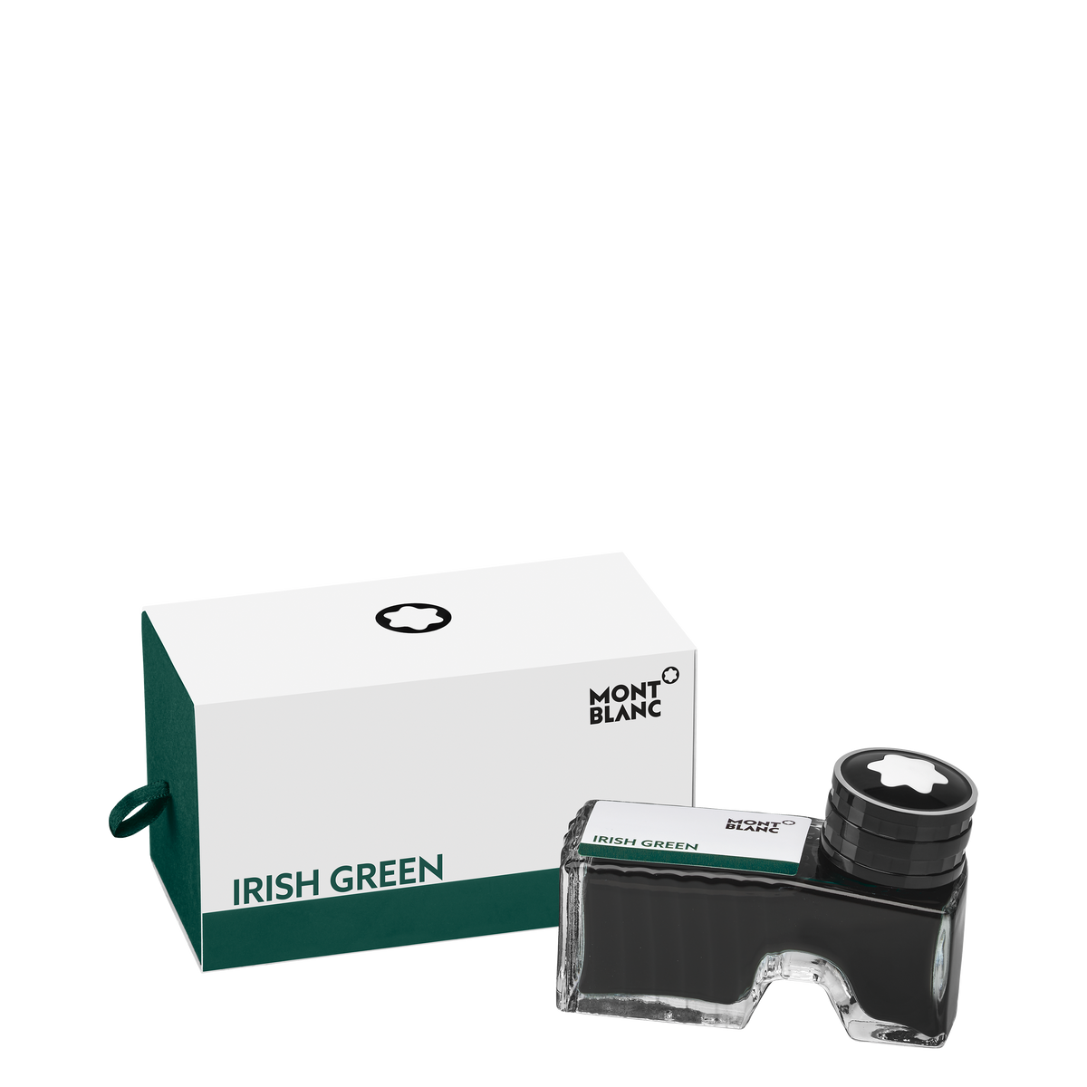 A Montblanc Ink Bottle 60ml Irish Green rests next to its matching green and white box, both featuring the Montblanc logo.