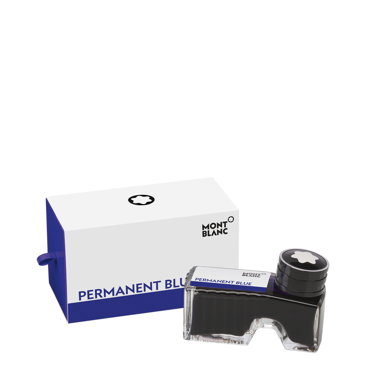 The Montblanc Ink Bottle 60ml Permanent Blue is shown next to its branded white and blue box, both featuring the Montblanc logo and suitable for documentary use.