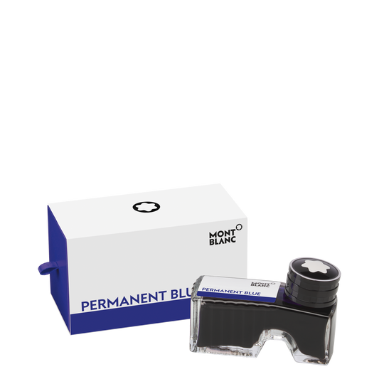 The Montblanc Ink Bottle 60ml Permanent Blue is shown next to its branded white and blue box, both featuring the Montblanc logo and suitable for documentary use.