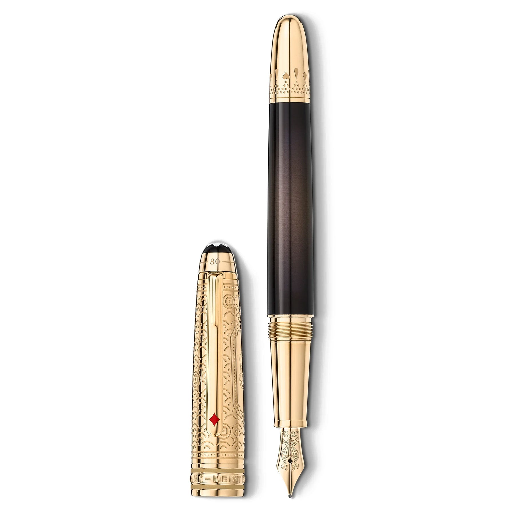 The Montblanc Meisterstuck Around the World in 80 Days Classique Fountain Pen is a luxury writing instrument that boasts a gold and black gradient design. It features intricate engravings on the cap and is displayed vertically uncapped, with the nib facing downward.