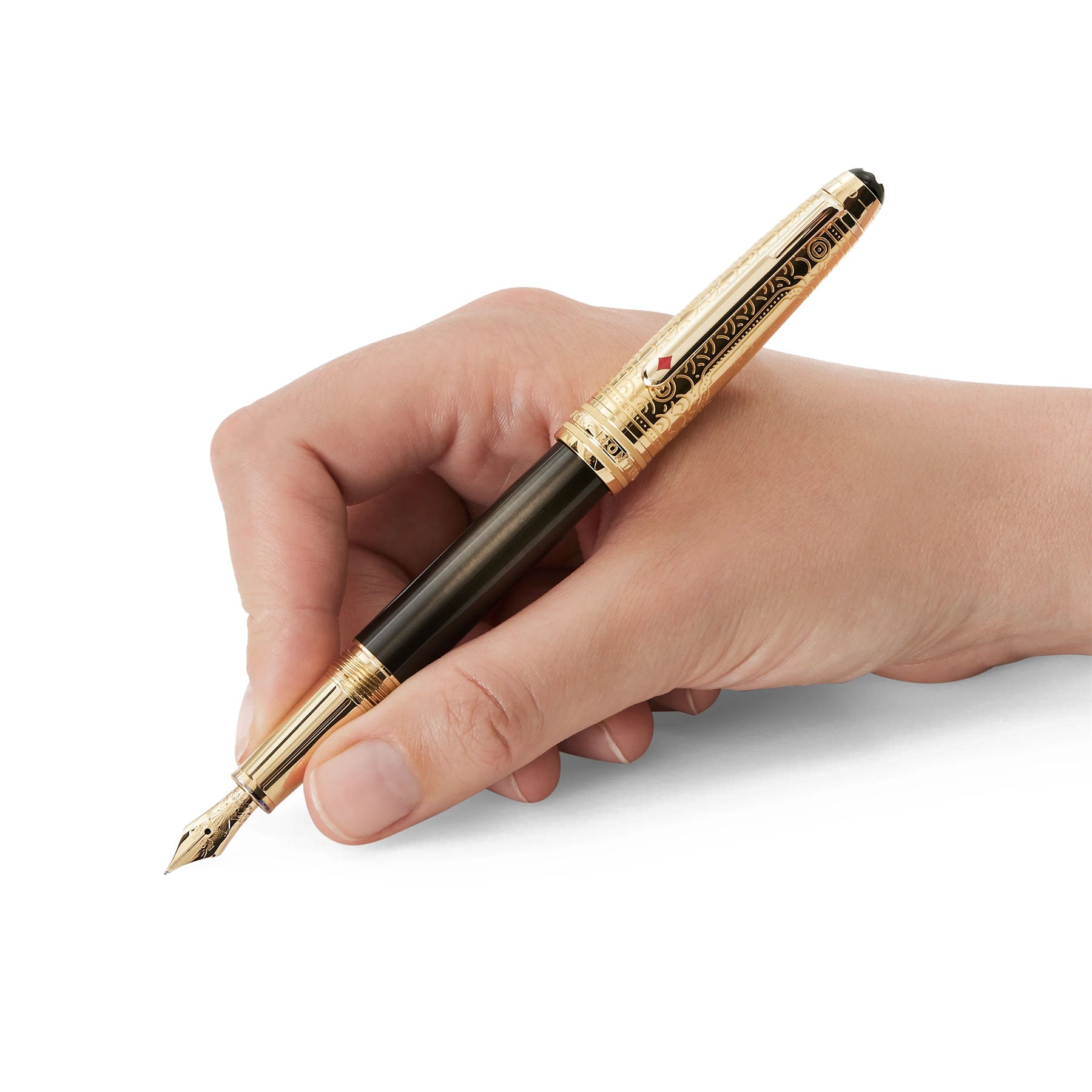 A hand holds a sophisticated Montblanc Meisterstück Around the World in 80 Days Doue Classique Fountain Pen, featuring a luxurious gold and black design, against a white background.