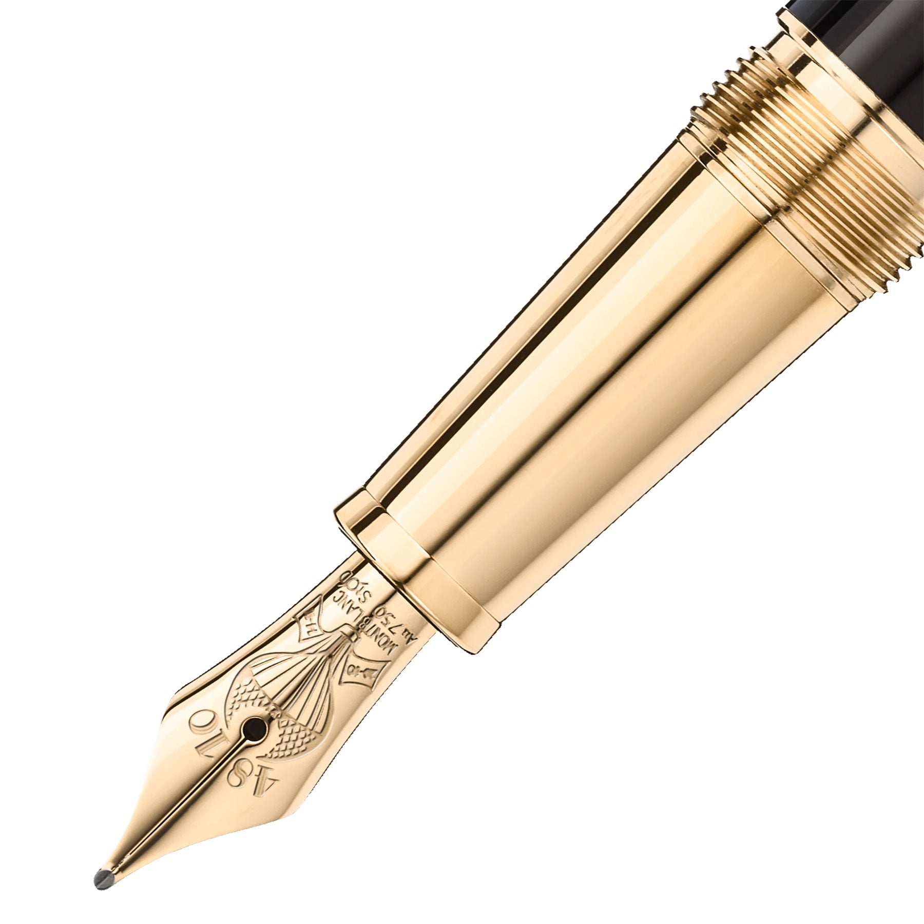 Close-up of the luxurious nib of the Montblanc Meisterstück Around the World in 80 Days Doue Classique Fountain Pen, featuring intricate designs and connected to a glossy black barrel. The image accentuates Montblanc's elegant craftsmanship and detailed design, evoking the timeless elegance found in Jules Verne's adventurous tales.