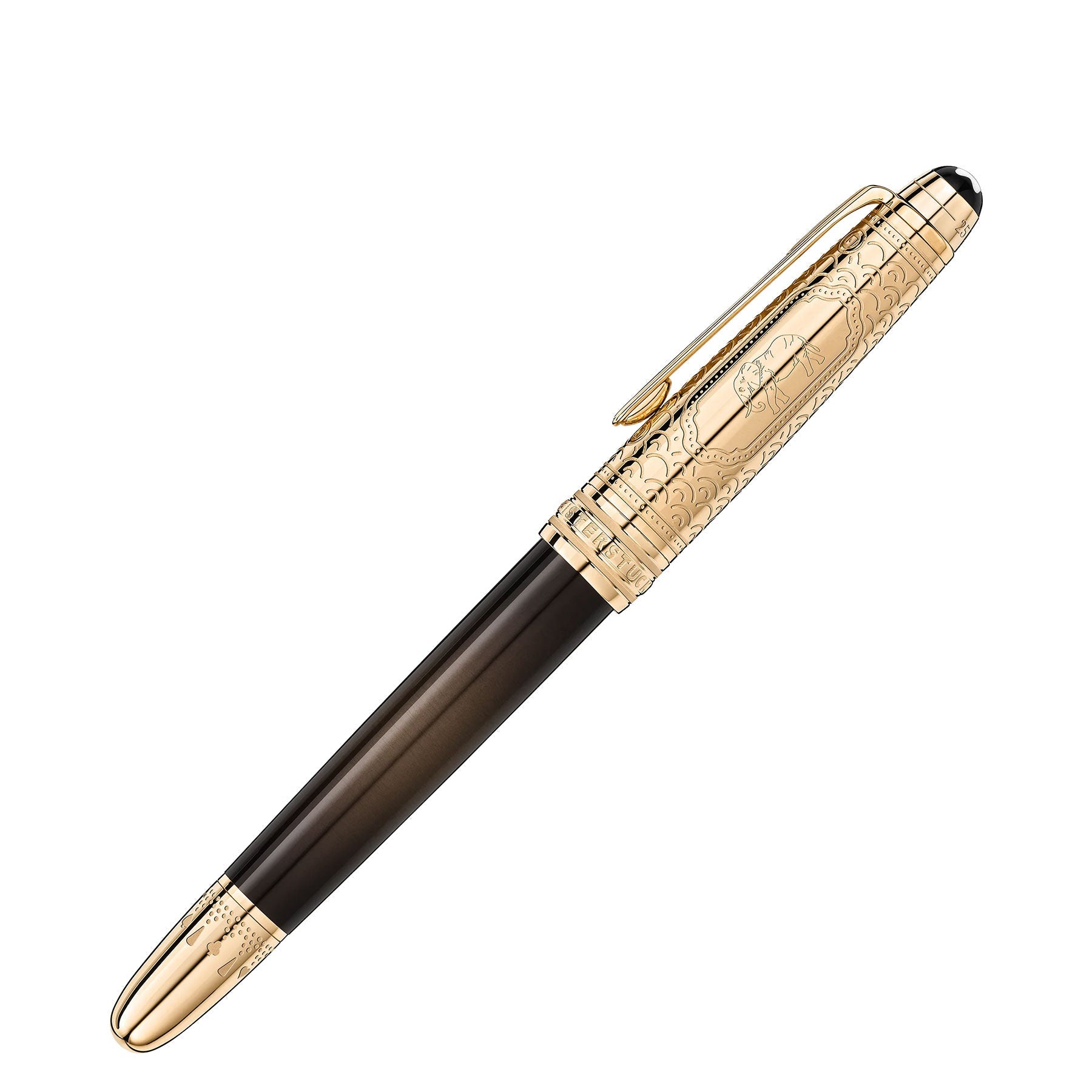 A luxurious Montblanc Meisterstück Around the World in 80 Days Doue Classique Fountain Pen showcases a glossy black body and golden accents, adorned with intricate cap details. It includes a clip and a rounded top, reminiscent of an adventure like "Around the World in 80 Days." The pen is positioned diagonally against a white background.