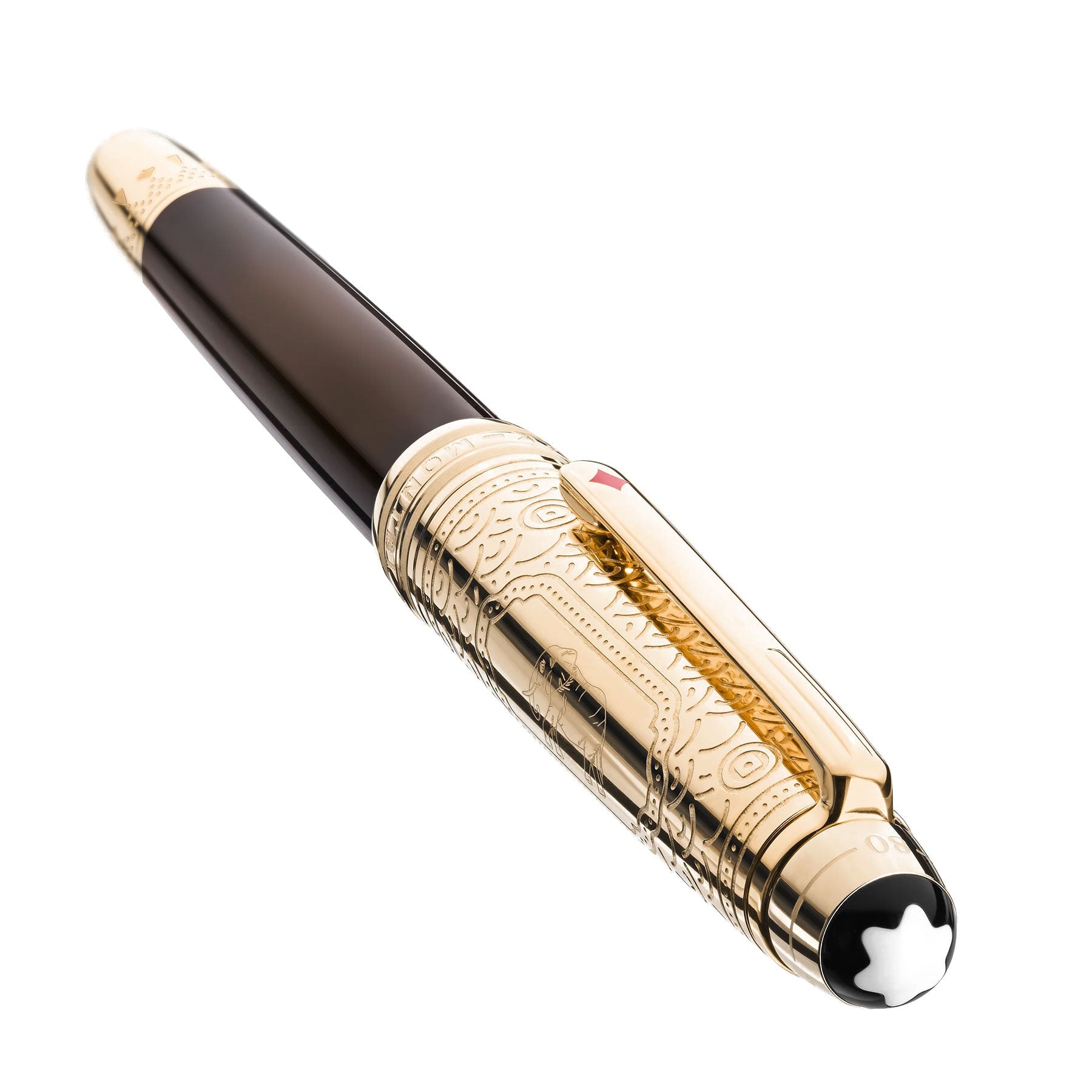 A luxurious black Montblanc Meisterstück Around the World in 80 Days Doue Classique Fountain Pen, adorned with intricate gold detailing and featuring an ornate clip and cap embellished with patterns. The pen is displayed diagonally on a white background, evoking the elegance and adventure reminiscent of Jules Verne's classic tales.