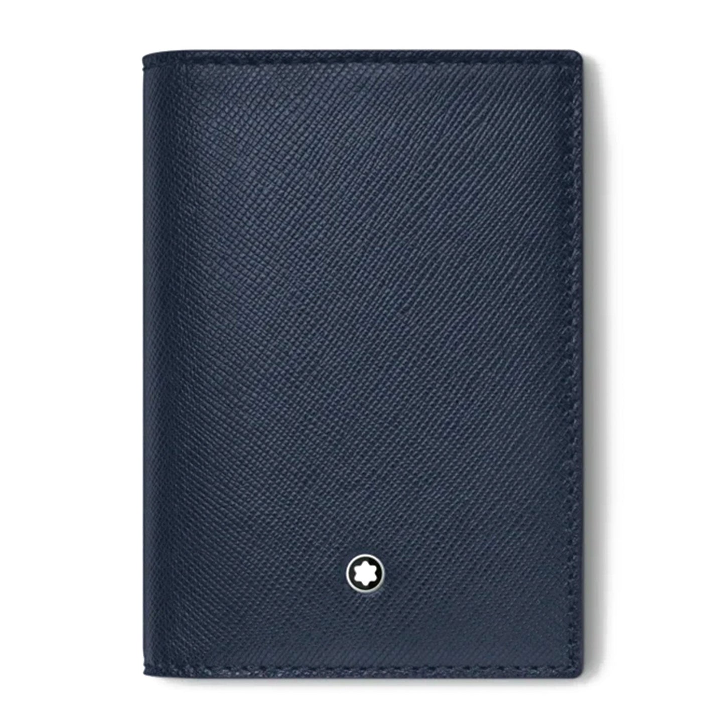 This stylish Montblanc Sartorial Leather Business Card Holder, crafted by Montblanc, comes in a sleek dark blue hue with a textured leather surface. It features a small white star emblem set inside a black circle at the bottom center. The card holder is closed and displayed against a white background.
