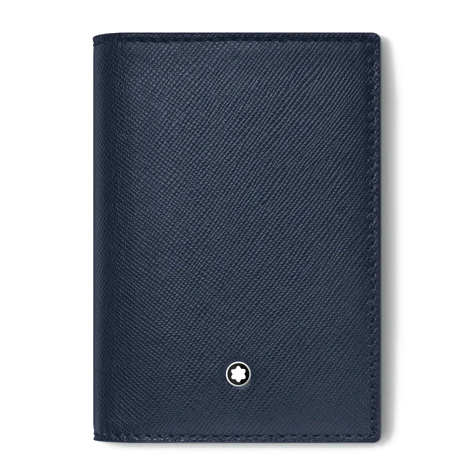 This stylish Montblanc Sartorial Leather Business Card Holder, crafted by Montblanc, comes in a sleek dark blue hue with a textured leather surface. It features a small white star emblem set inside a black circle at the bottom center. The card holder is closed and displayed against a white background.