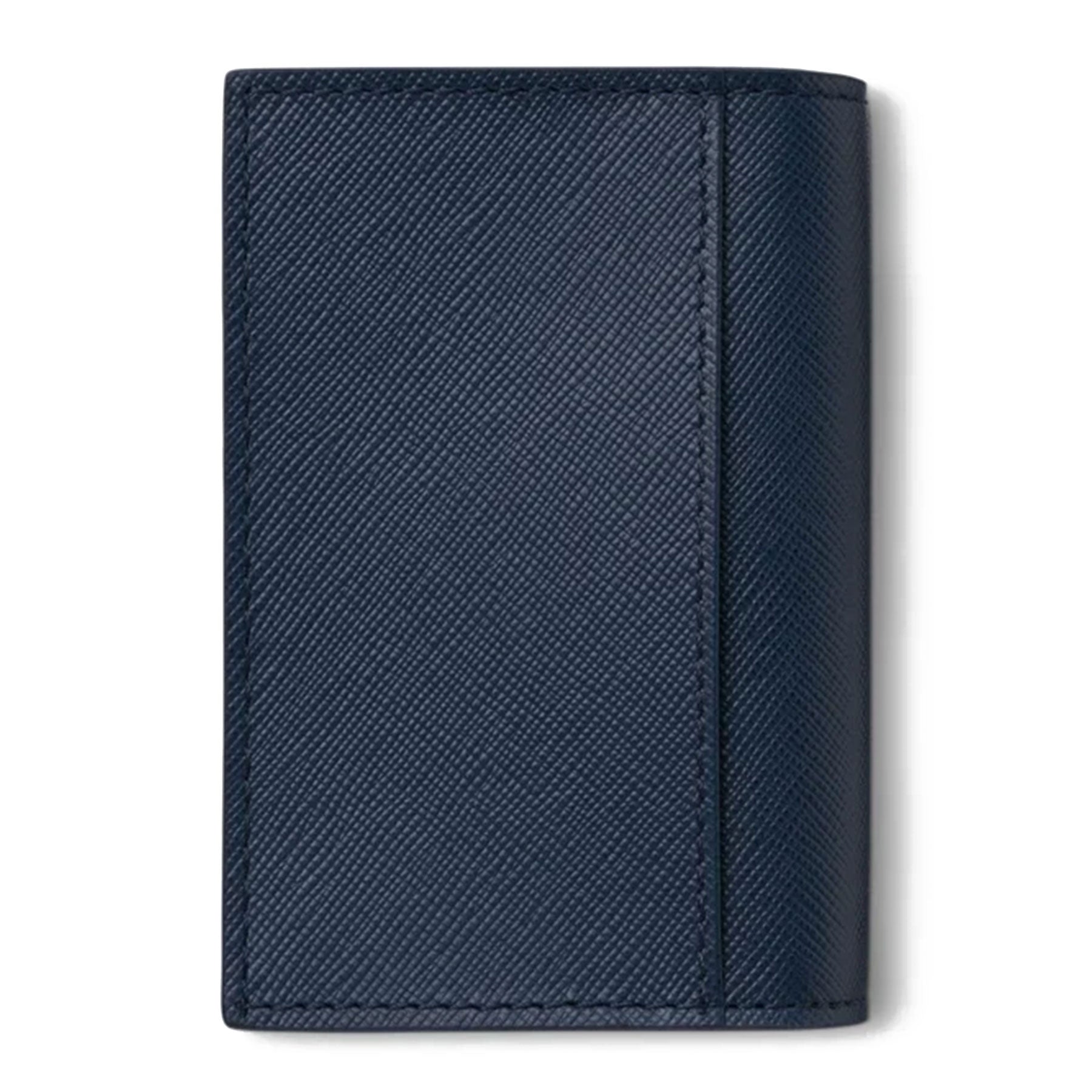 The Montblanc Sartorial Leather Business Card Holder is crafted from navy blue textured leather, featuring a simple and sleek design. Its crosshatched texture exudes sophistication in the style of the Montblanc Sartorial collection. This elegant card holder is depicted closed and upright against a white background.
