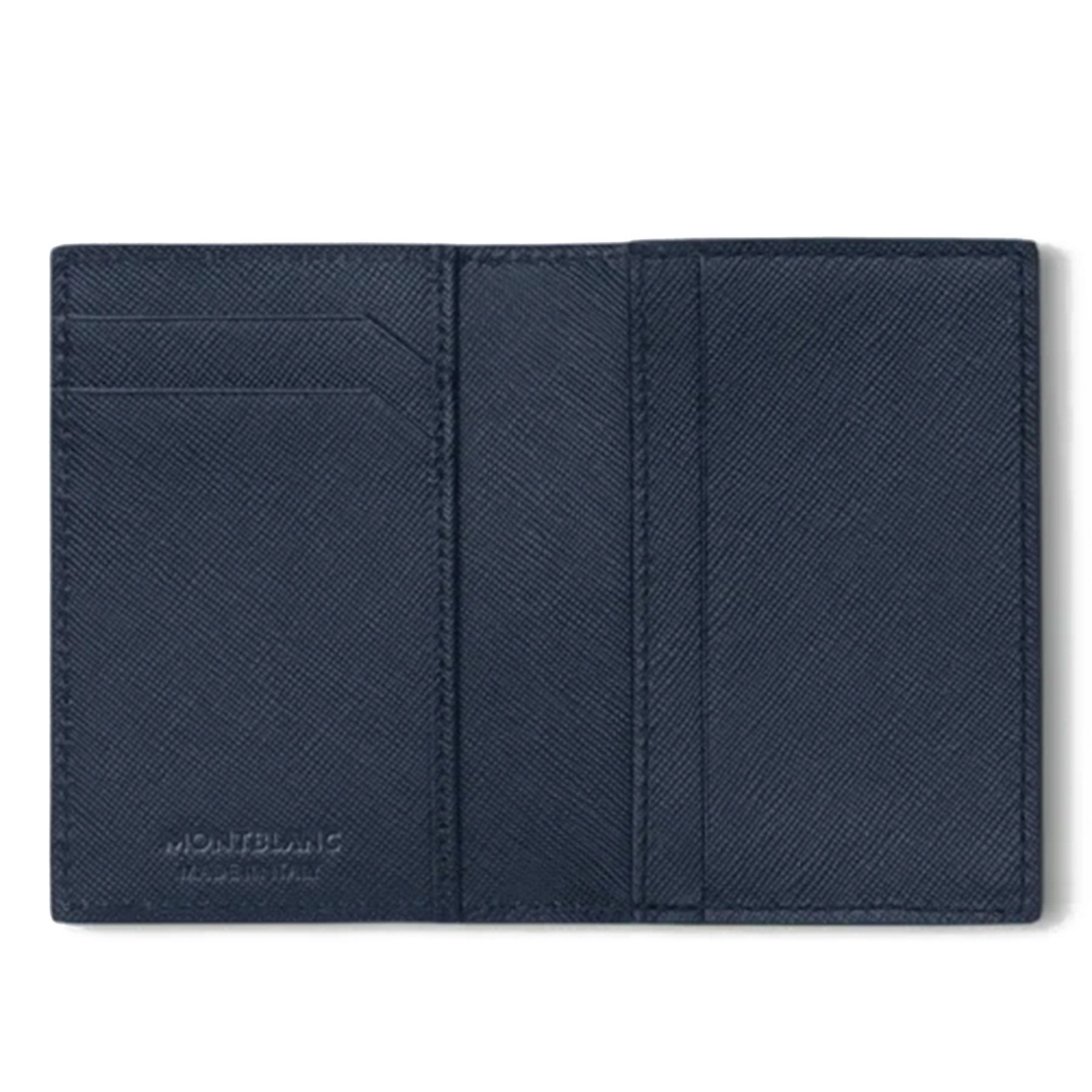 The Montblanc Sartorial Leather Business Card Holder features multiple card slots and a subtle textured pattern inside, with the Montblanc branding embossed in the lower left corner.