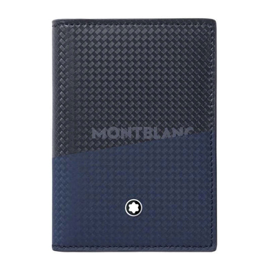The Montblanc Extreme 2.0 Leather Business Card Holder, crafted in blue and black textured leather with a geometric design, features the signature Montblanc shield technology for RFID protection. Adorned with the central Montblanc logo and a round white emblem near its bottom, it is an ideal blend of style and security for holding business cards.