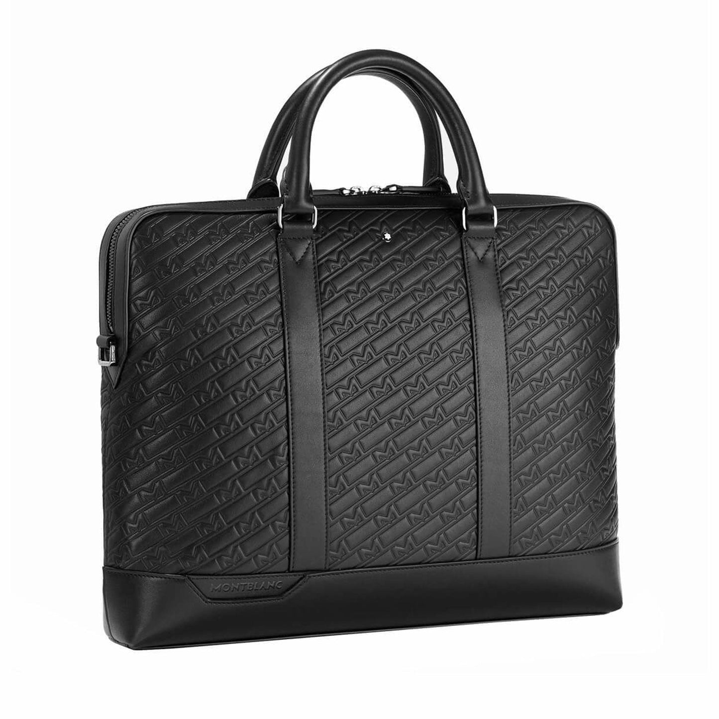 The Montblanc M Gram 4810 Slim Black Leather Document Case combines style and functionality for the modern professional. Crafted from black leather, it features embossed patterns with a textured repeating monogram design, complete with two sturdy handles and a secure zipper closure.