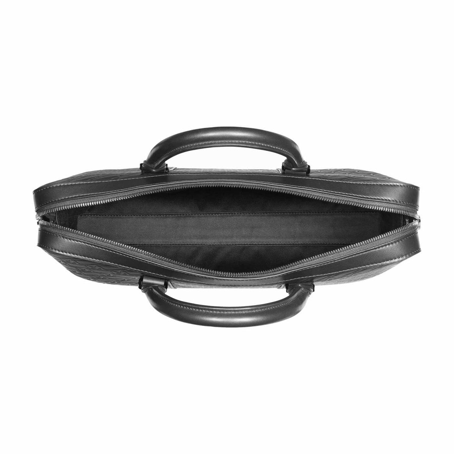 Top view of an open Montblanc M Gram 4810 Slim Black Leather Document Case highlighting its spacious, empty interior. The case boasts two sturdy handles and a sleek, modern design from the renowned brand, Montblanc.