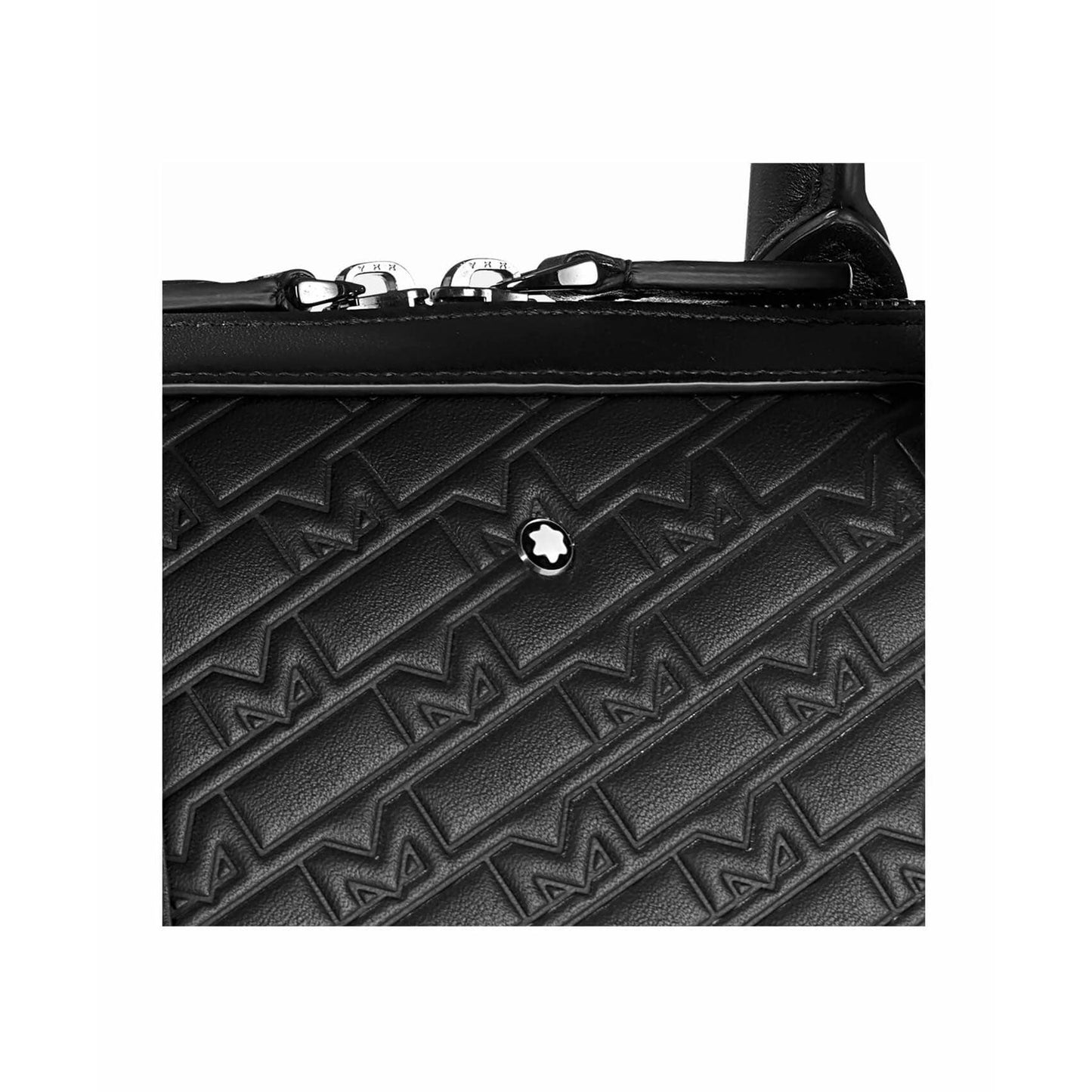 Close-up of the Montblanc M Gram 4810 Slim Black Leather Document Case, showcasing embossed patterns and a central star-shaped button. The texture displays angular designs, contributing to a geometric aesthetic characteristic of Montblanc's sophisticated style.