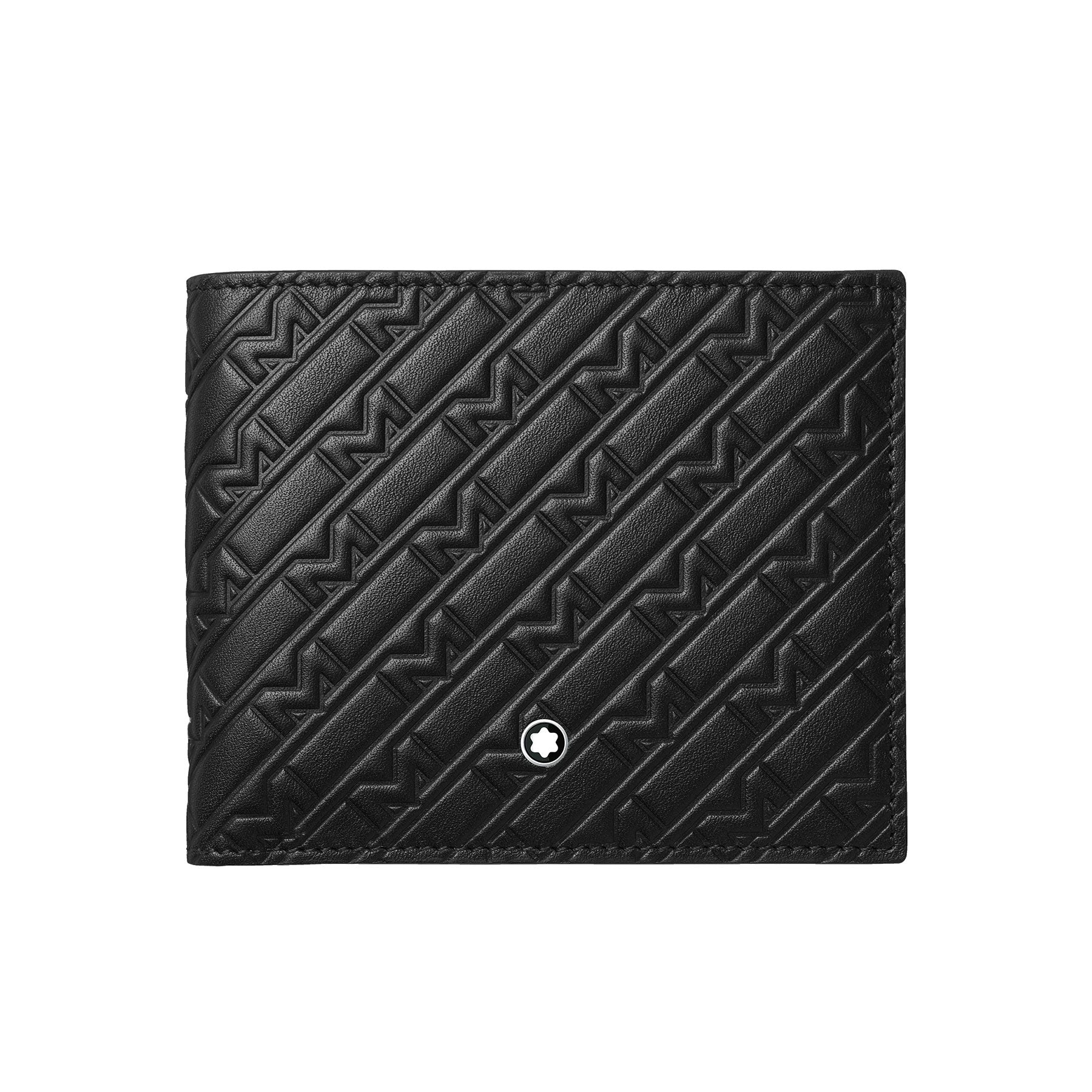The Montblanc M-Gram Leather Wallet 8cc showcases a geometric, diagonal embossed pattern and is embellished with a small white emblem at the bottom center.