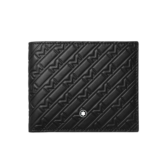 The Montblanc M-Gram Leather Wallet 8cc showcases a geometric, diagonal embossed pattern and is embellished with a small white emblem at the bottom center.