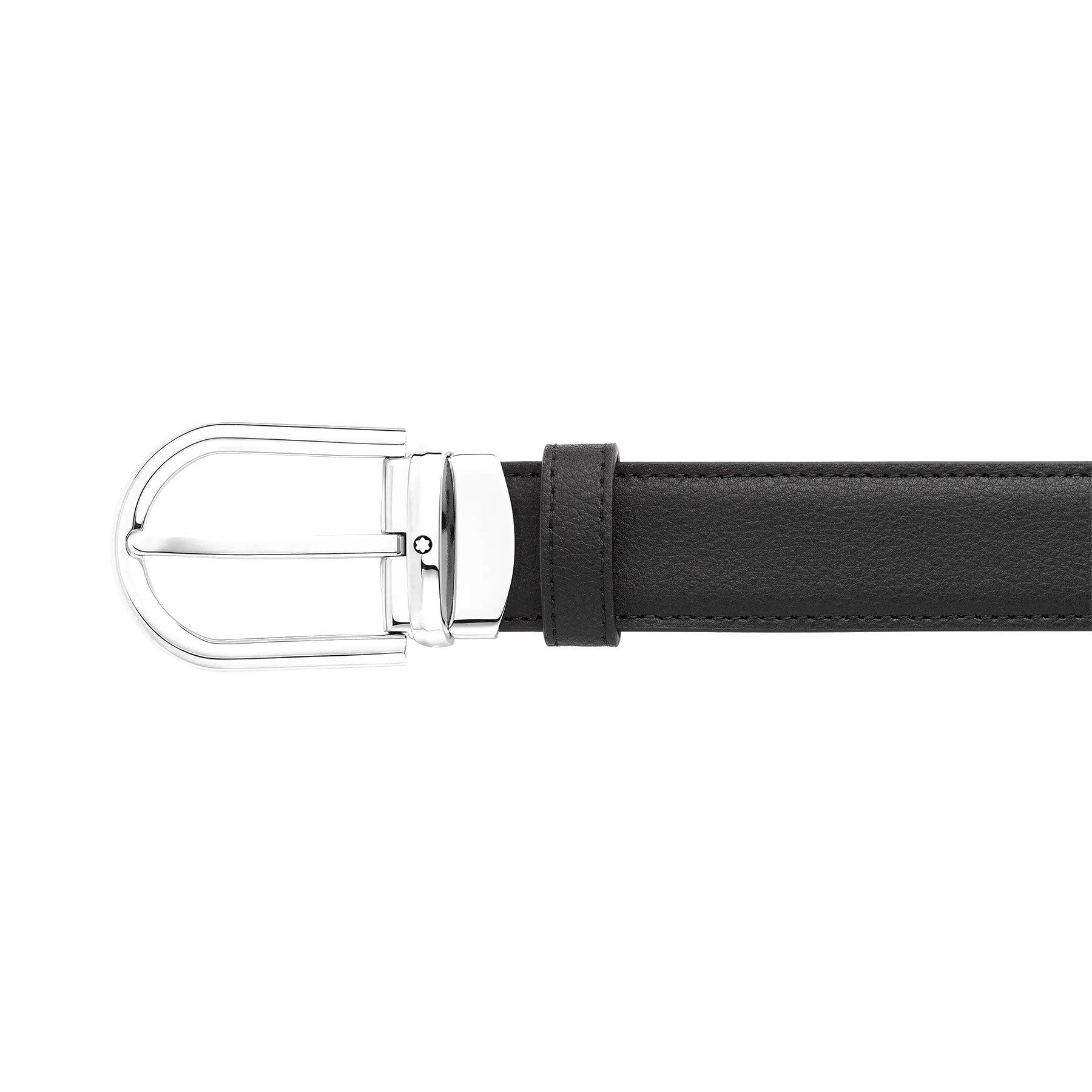 The Montblanc Horseshoe Leather Belt is presented against a white background, showcasing a sleek silver metal buckle with a palladium finish for a modern design. The smooth leather exhibits a polished look that seamlessly blends sophistication and style.