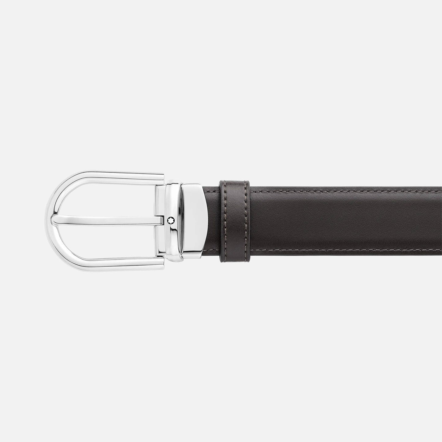 The Montblanc Horseshoe Leather Belt, featuring a sleek black design and a shiny palladium finish buckle, is showcased against a plain white background.