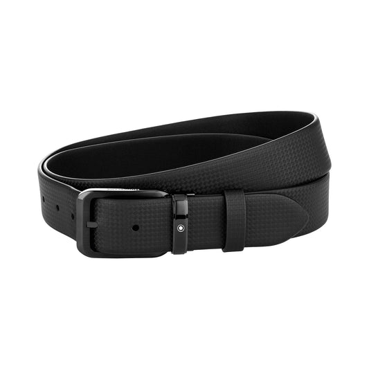 Introducing the Montblanc Extreme And Plain Black 35mm Reversible Leather Belt, crafted by the esteemed brand Montblanc. This elegant accessory features a subtle textured finish and a sleek rectangular stainless steel buckle. Its coiled design showcases its timeless versatility, making it an ideal choice for both formal occasions and casual outings.