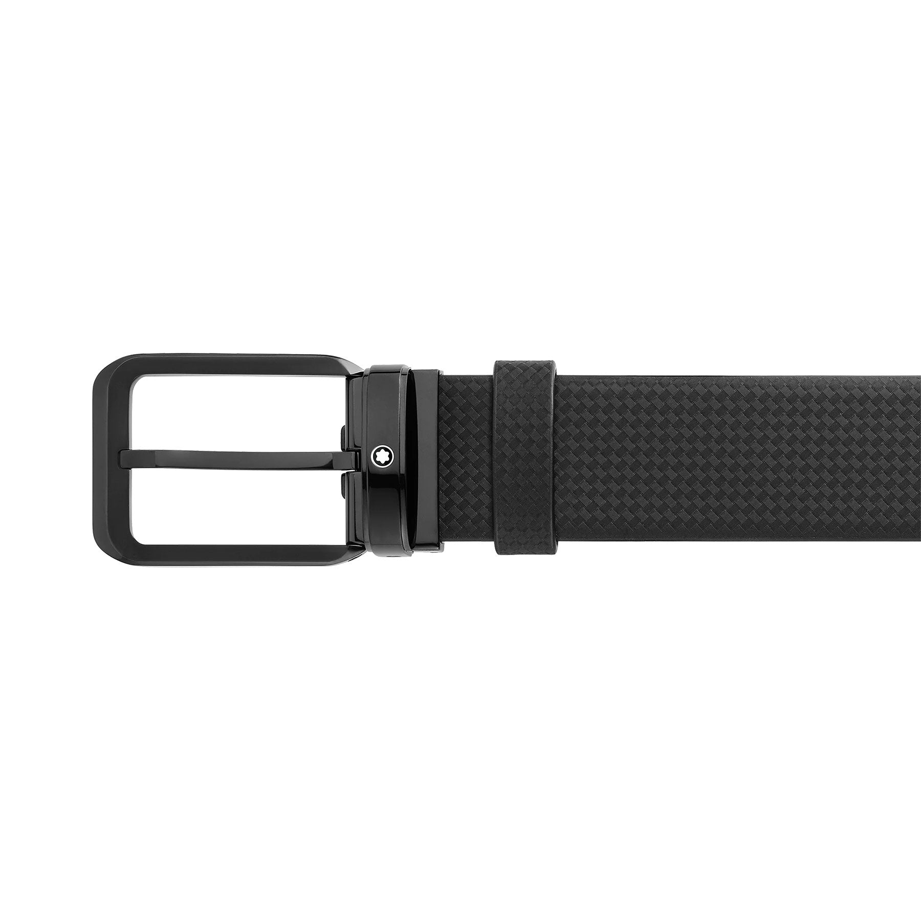 Introducing the Montblanc Extreme and Plain Black 35mm Reversible Leather Belt, showcasing a sleek stainless steel buckle. The belt is displayed flat, emphasizing its fine craftsmanship and textured detail.