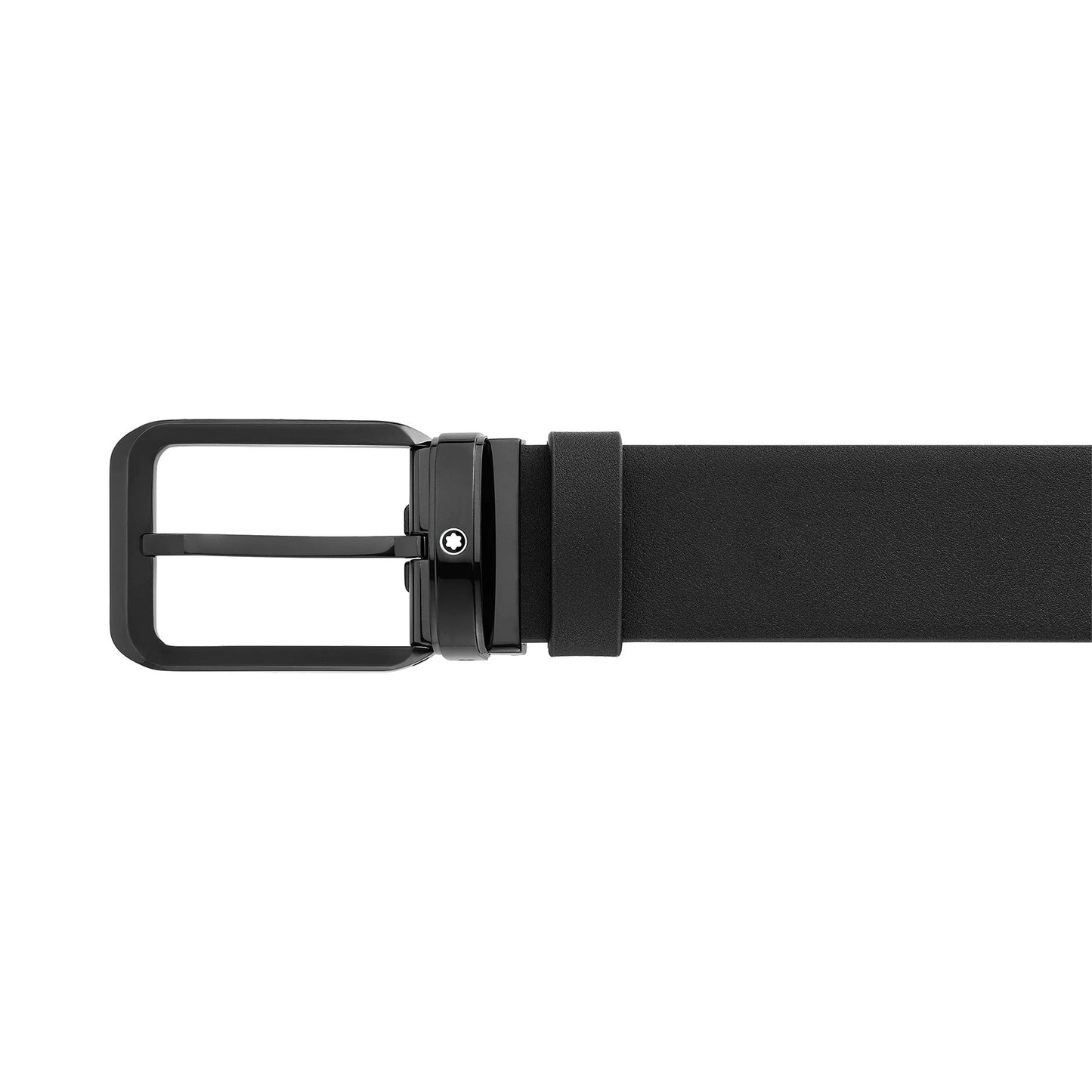 This Montblanc Extreme and Plain Black 35mm Reversible Leather Belt features a smooth, sleek design in black leather with a rectangular stainless steel buckle. The minimalist accessory is adorned with a small round emblem, adding a touch of sophistication to its sophisticated appearance.