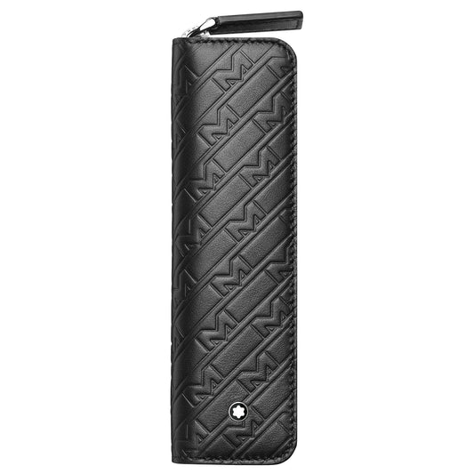 The Montblanc M Gram Black Leather Pen Pouch with Zipper, crafted from full-grain cowhide, features an embossed geometric pattern and a small circular logo at the bottom, echoing the elegance of the Montblanc Meisterstuck design.