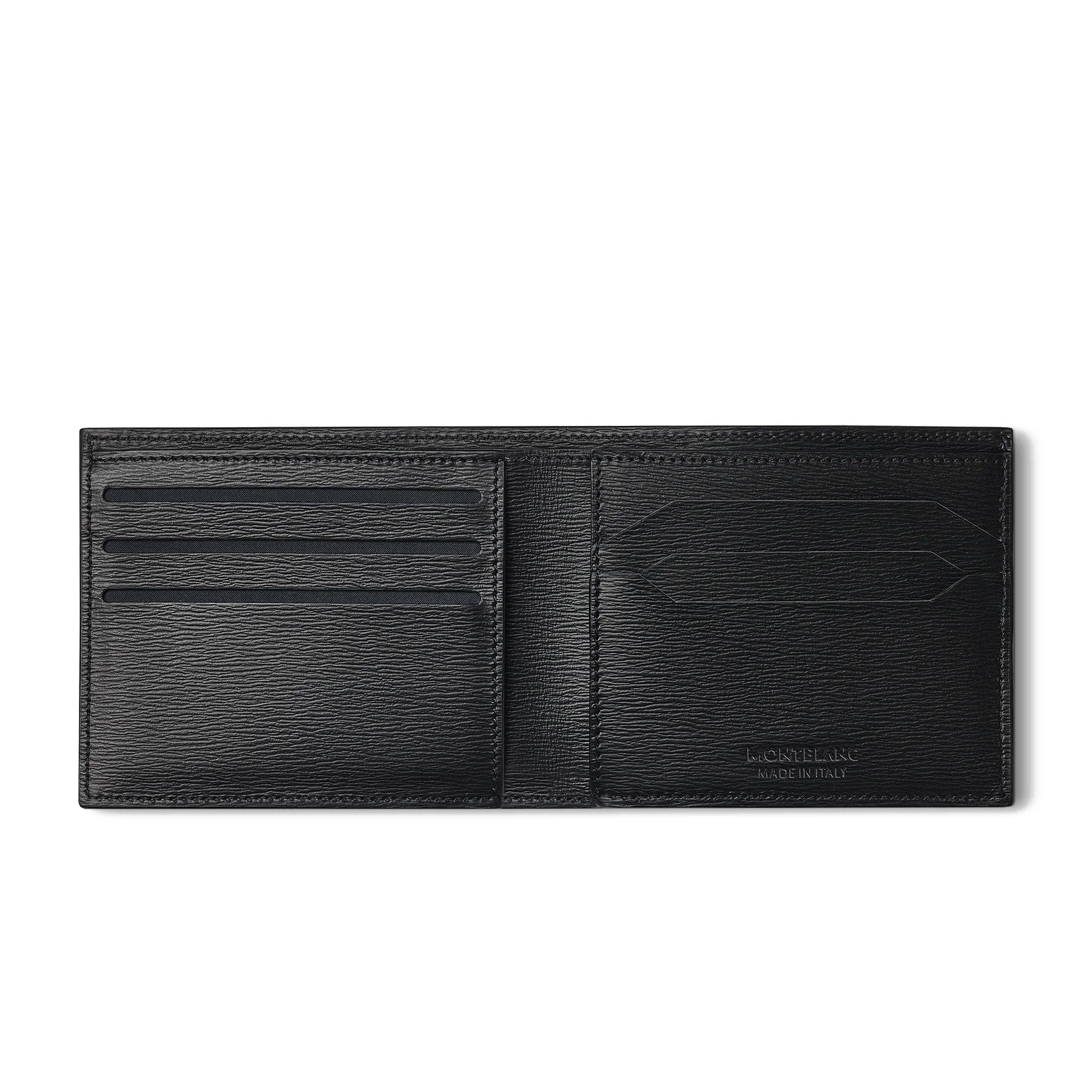 The Montblanc Meisterstück 4810 Leather Wallet 6cc, crafted by Montblanc, is displayed open with multiple card slots on the left and a pocket on the right. It boasts a smooth texture with a subtle grain and has "Made in Italy" embossed on the right side.