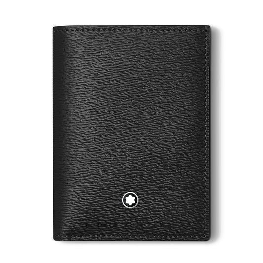 Displayed against a plain white background, the Montblanc Meisterstück 4810 Card Holder showcases its black textured CO2 neutral leather design. Featuring a small white emblem in the shape of a star or snowflake at its lower center, this elegant product from Montblanc seamlessly doubles as both a wallet and a sophisticated business card holder with an added banknote compartment.