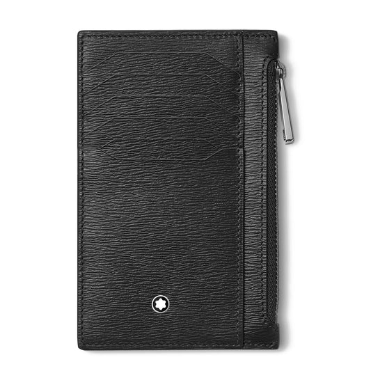 The Montblanc Meisterstück 4810 Black Leather Card Holder features a sophisticated black leather design with textured detailing emblematic of the Meisterstück 4810 collection. It includes a vertical zipper on the right side, along with a subtle white star emblem at the bottom, merging style and functionality effortlessly.