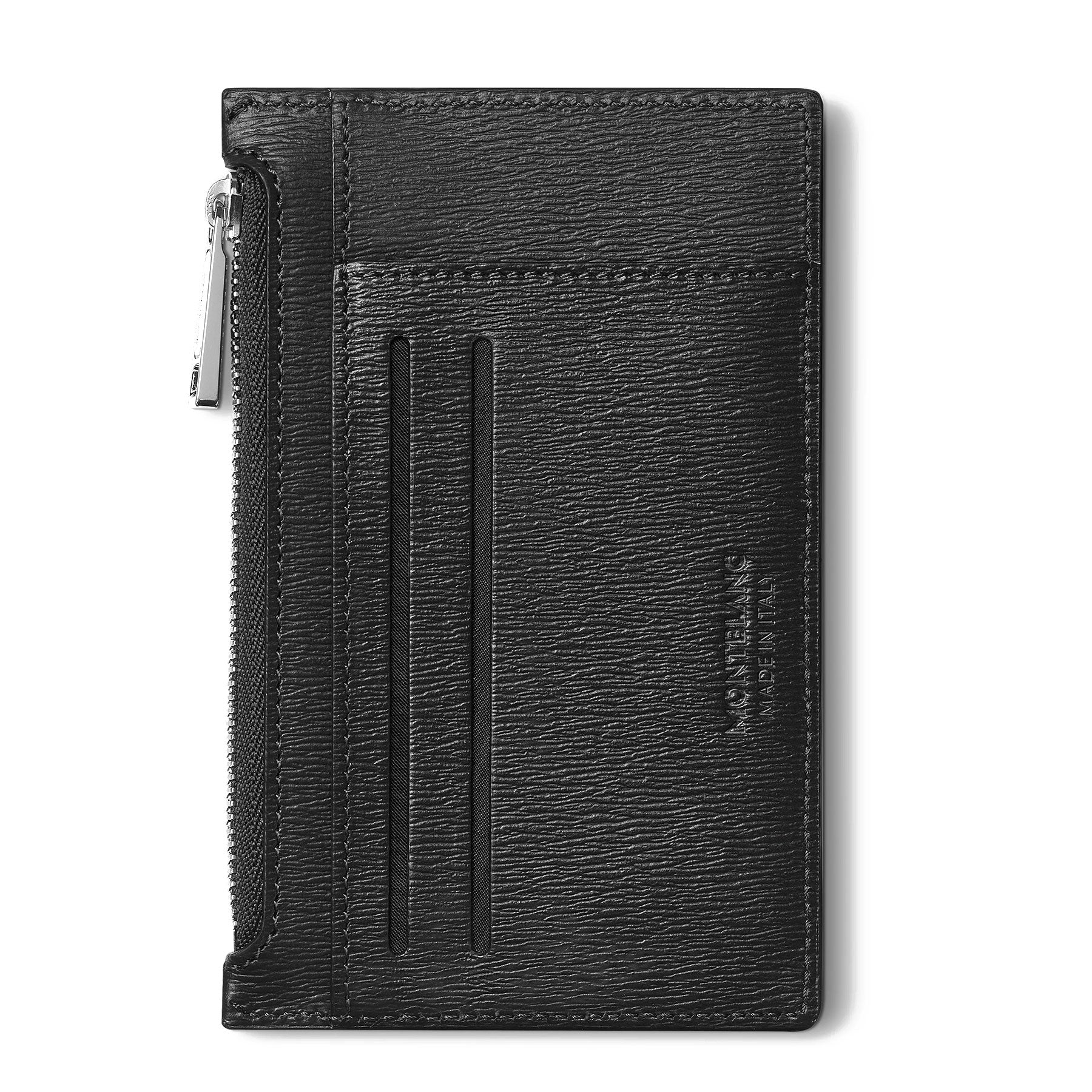 A Montblanc Meisterstück 4810 Black Leather Card Holder featuring a zippered compartment on the left and two card slots on the right, with a textured finish and subtle embossed Montblanc text on the right side.