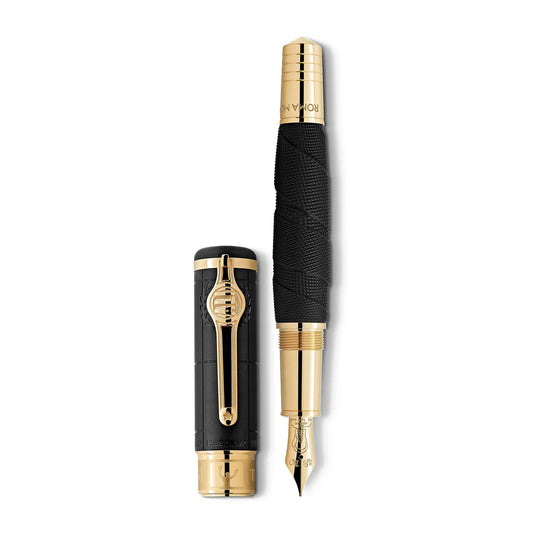 This exquisite Montblanc Great Characters Muhammad Ali Special Edition Black Resin Yellow Plated Fountain Pen, with its gold nib and black textured grip, is reminiscent of prestigious boxing memorabilia. Accompanied by a matching black and gold cap with a clip, the pen exudes an elegant design akin to the grace of a heavyweight champion.