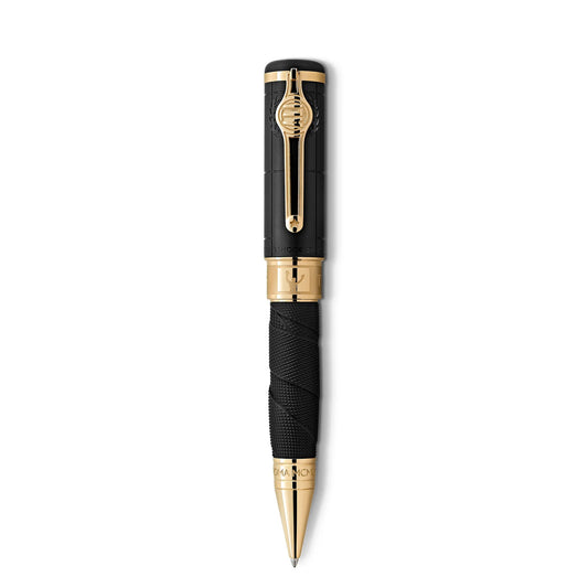 Introducing the Montblanc Great Characters Muhammad Ali Special Edition Ballpoint Pen, a luxurious writing instrument that embodies the grandeur of a heavyweight champion. This pen features a sleek black and gold design with intricate detailing, including a gold clip-topped cap and a textured barrel that reflect the precision of a boxing ring. Its sophisticated craftsmanship is further accentuated by its elegant design from Montblanc.