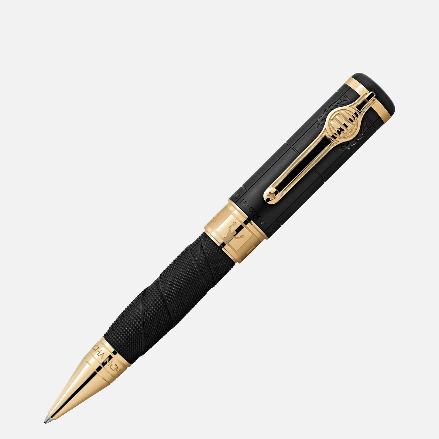 Introducing the Montblanc Great Characters Muhammad Ali Special Edition Ballpoint Pen, a luxurious black writing instrument adorned with gold accents. This pen captures the elegance and sophistication reminiscent of a Heavyweight Champion, featuring a textured grip and sleek design. Its intricate gold clip exudes a presence akin to the legendary Muhammad Ali.