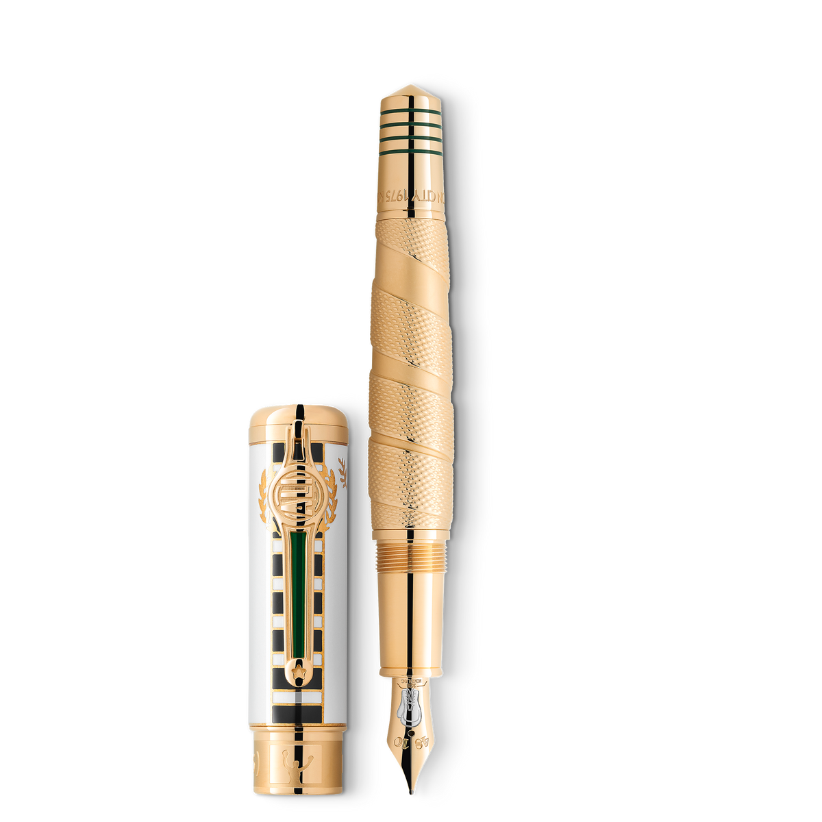 A gold-coated barrel Montblanc Great Characters Muhammad Ali Limited Edition 1942 fountain pen with a textured finish, a white cap featuring vertical green and black stripes, and a gold nib engraved with a boxing glove.