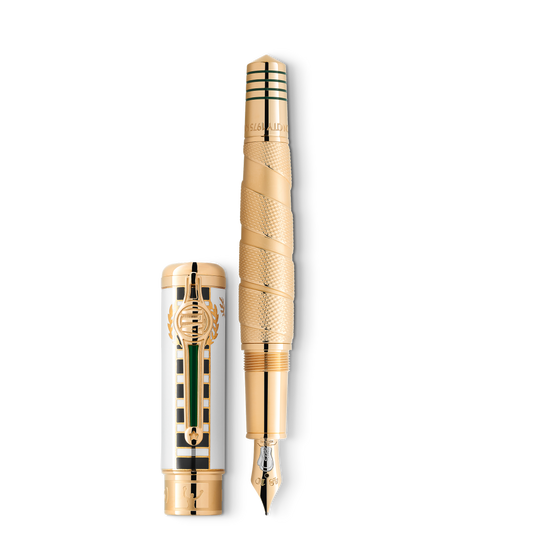 A gold-coated barrel Montblanc Great Characters Muhammad Ali Limited Edition 1942 fountain pen with a textured finish, a white cap featuring vertical green and black stripes, and a gold nib engraved with a boxing glove.