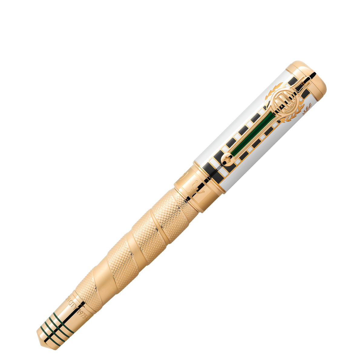 Montblanc Great Characters Muhammad Ali Limited Edition 1942 fountain pen with a textured gold-coated barrel, a white cap with a green and black vertical stripe pattern, and a boxing glove-shaped gold-tone clip.