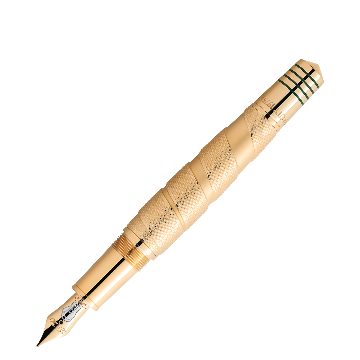 Montblanc Great Characters Muhammad Ali Limited Edition 1942 fountain pen with a textured, gold-tone barrel, a metallic nib, and four thin green rings near the cap.