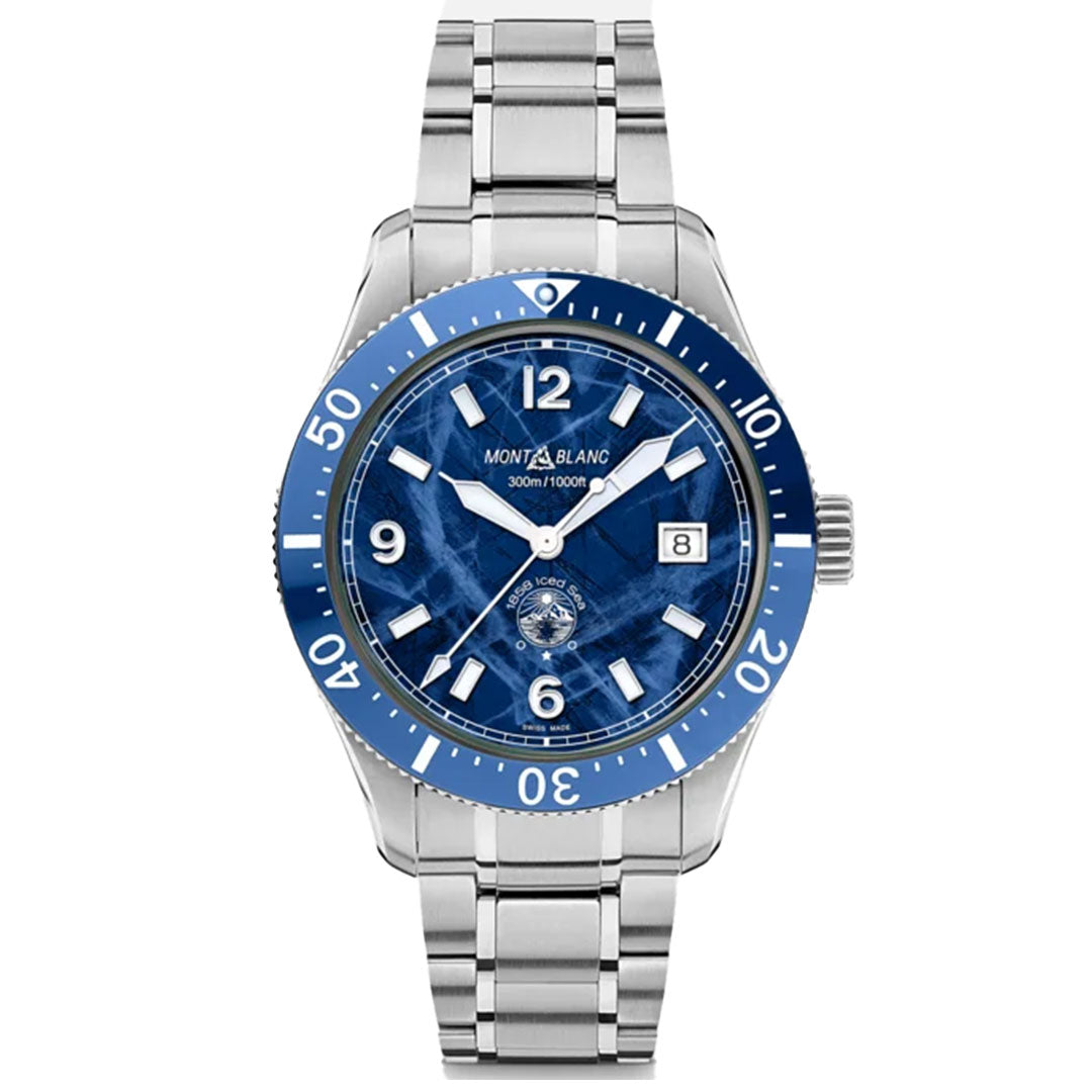 The Montblanc Iced Sea Automatic 41mm Watch showcases a glacier pattern dial complemented by a blue bezel. This silver stainless steel timepiece includes white hour markers, a date window at 3 o'clock, and a metal link bracelet, with the Montblanc brand name prominently displayed on the dial.